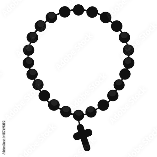 A black silhouette illustration of a rosary bracelet arranged in a circular shape with evenly spaced round beads connected by thin links.