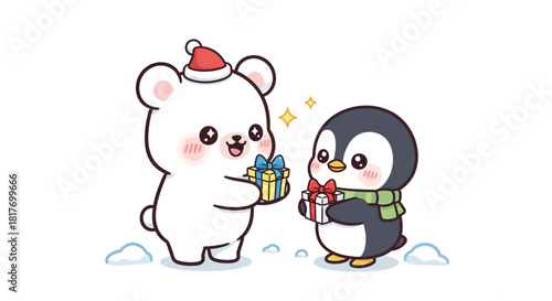 Adorable polar bear and penguin exchanging gifts, spreading holiday cheer with charming smiles, perfect for seasonal greetings and heartwarming designs