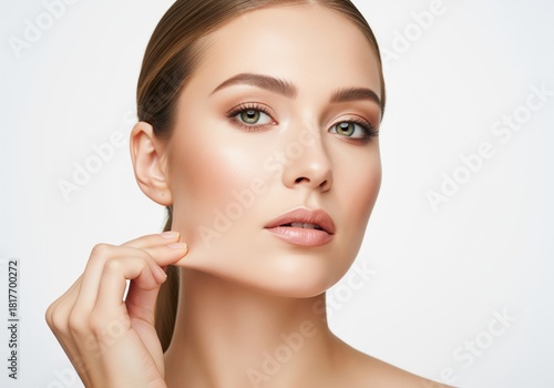 Female face showing supple skin and elasticity by gently pinching cheek