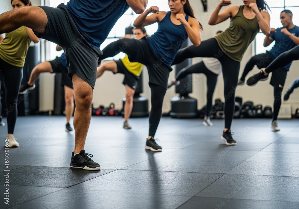 Obraz premium Diverse group engaged in dynamic kickboxing fitness class workout