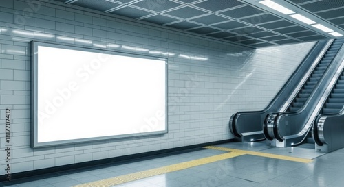 Fototapeta Naklejka Na Ścianę i Meble -  Blank advertising billboard in modern subway station with escalators, copy space