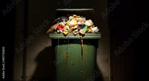 Overflowing Green Garbage Bin Full of Rotting Waste and Dripping Liquid