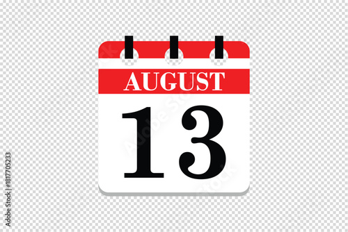 13 August Calendar icon vector, 13 dates of August month calendar icon, dates of August 13 icon calendar, vector calendar icon.