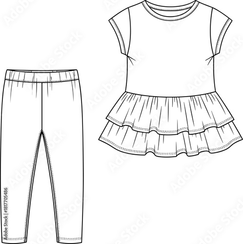 Baby girl's casual knit leggings with elasticated waist and tiered ruffle hem t-shirt top flat technical vector illustration for clothing CAD design and tech pack template.