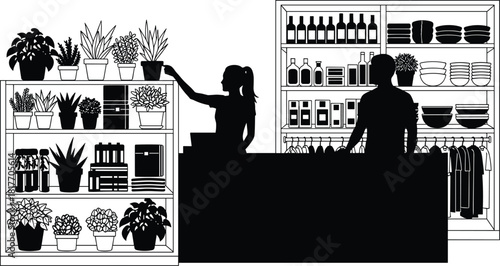 Black and white vector silhouette illustration of a modern retail store interior with customers, potted plants, clothing racks, and shelves displaying bottles and homeware products.