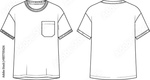 Basic Men's Casual Oversize T-Shirt Technical Fashion Flat Sketch CAD Drawing with Front Pocket and Contrast Ribbing Detail, Comfortable Everyday Apparel Vector