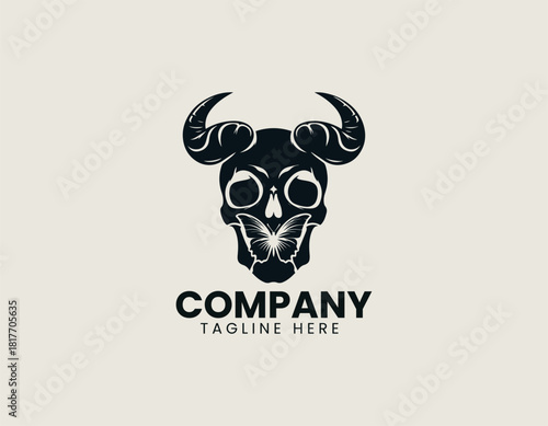 Highly detailed intricate black skull with large curved horns and a mystical butterfly on its forehead.