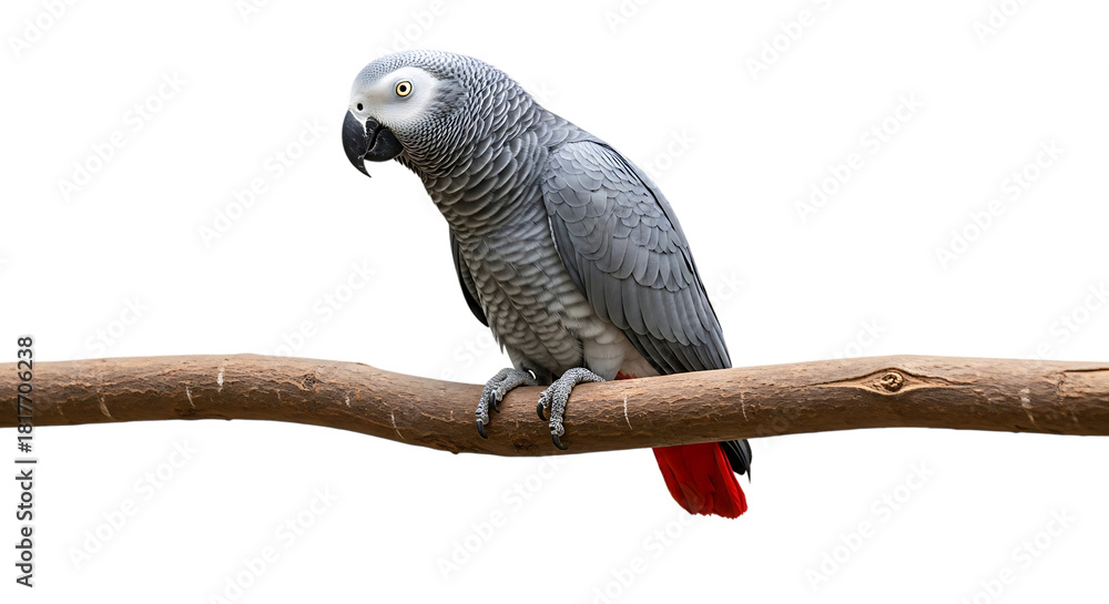 Fototapeta premium African Grey Parrot, with Bright Red Tail Feathers perched on a Branch, cutout, PNG isolated on white or transparent background