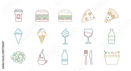 Assorted Culinary Icons Burger, Pizza, Ice Cream, Drinks and More, in Outline Style