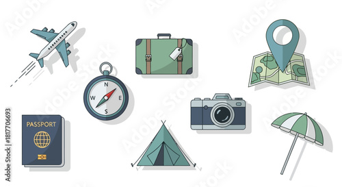 A collection of flat design travel and vacation icons, featuring an airplane, passport, camera, and map for planning a journey or adventure