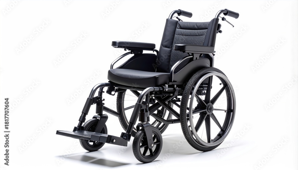 Fototapeta premium Electric wheelchair featuring a sleek design with a black cushioned seat and backrest, sturdy armrests, wider rear wheels for enhanced stability, and footrests for comfort and support.
