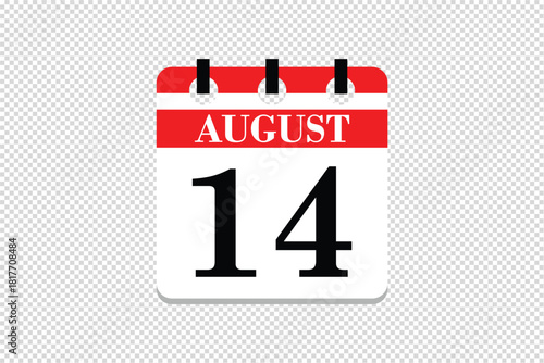 14 August Calendar icon vector, 14 dates of August month calendar icon, dates of August 14 icon calendar, vector calendar icon.