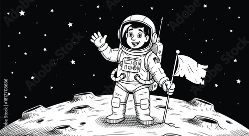 Happy Astronaut Waving on Moon Surface.