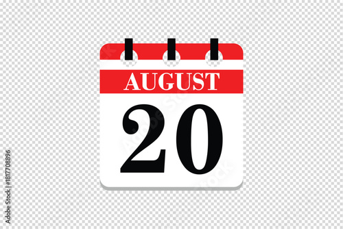 20 August Calendar icon vector, 20 dates of August month calendar icon, dates of August 20 icon calendar, vector calendar icon.