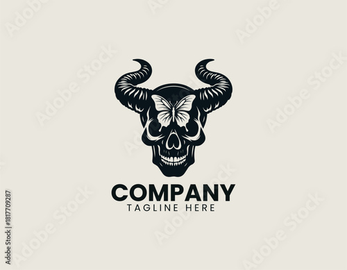 Highly detailed intricate black skull with large curved horns and a mystical butterfly on its forehead.