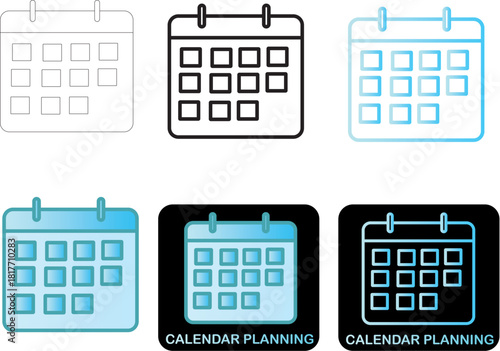 Minimalist calendar icon set with six different styles. Includes outline, solid, and gradient designs for schedule and planning concepts