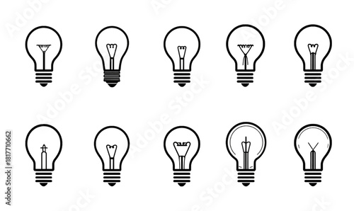 Ten Stylized Light Bulbs with Black Outlines in a Row on Transparent Backdrop, PNG