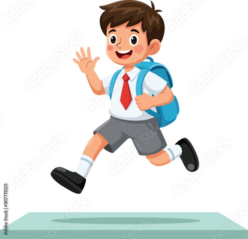 Happy cartoon schoolboy in uniform jumping and waving.