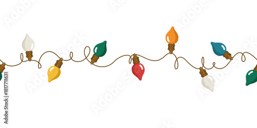 Świąteczna girlanda z kolorowymi lampkami na beżowym tle. Dekoracja bożonarodzeniowa. Bezszwowy wektorowy pasek z światełkami choinkowymi.