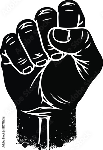 Black fist raised in protest and solidarity against a white background