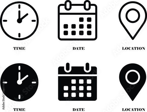 Collection of six simple black and white icons representing time date and location for planning and organization