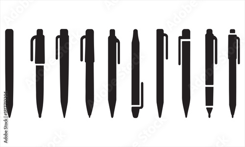Set of Pen Silhouettes Vector: Office Supply, Writing, and Stationery Icons Collection