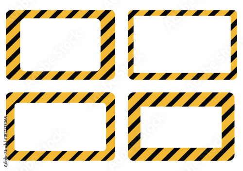Yellow and Black Caution Tape Frame – Hazard Warning Border with Diagonal Safety Stripes, Rectangular and Square Box Frames, Construction Danger Tape Vector Set