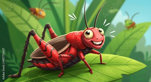 Cartoon Cricket Character Illustration on Leaf in a Playful Tropical Environment