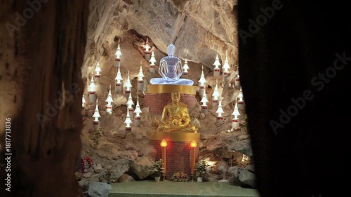 Khao Wong Cave, Khao Yai, Thailand - November 23, 2025: Statue of Luang Phor Sodh Candasaro, the famous Thai monk master, inside a cave temple. Golden monk sculpture for worship.