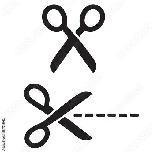 Black Scissors Icon Set with Cutting Line and Closed Shears Vector Graphic