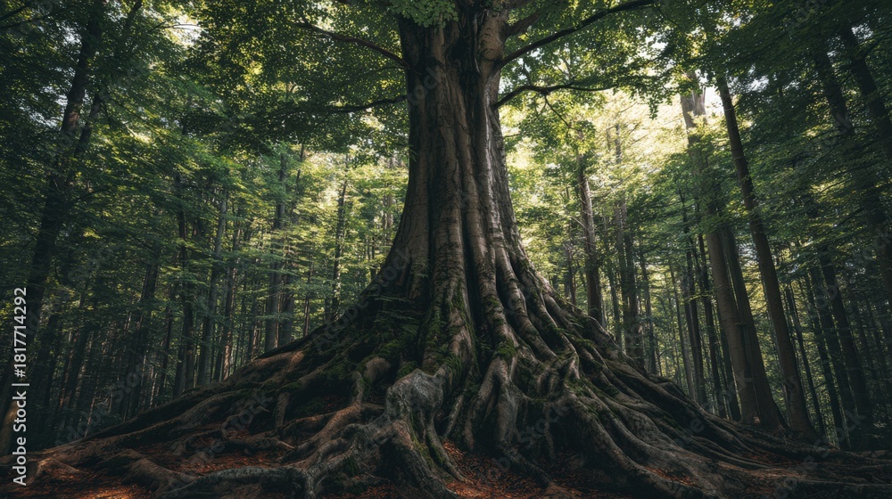 Fototapeta premium A large tree with a thick trunk and many roots
