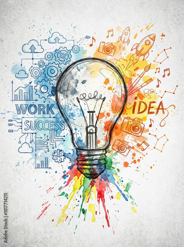 Creativity and logic concept with lightbulb sketch, blending analytical work and creative ideas for success and innovation