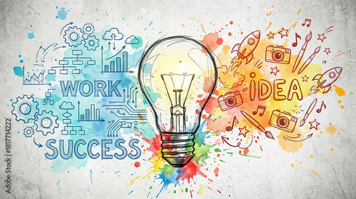 Innovation and brainstorming concept with lightbulb connecting logical work and creative ideas for business success