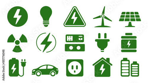 Collection of green energy and electricity icons on white background