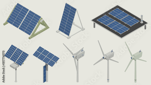 Collection of isometric solar panels and wind turbines for renewable energy