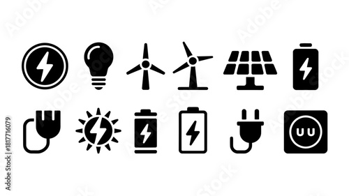 Collection of clean energy and electricity icons on white background