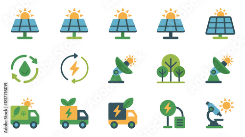Collection of flat icons representing renewable energy and environmental concepts