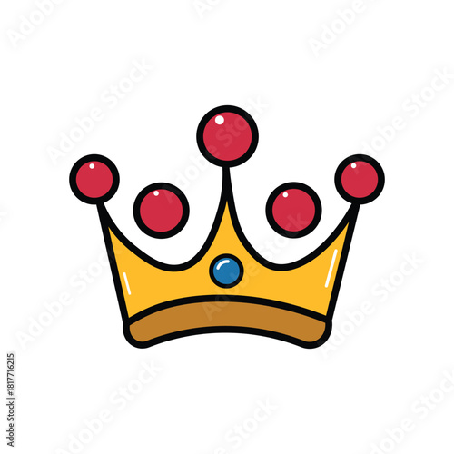 A golden cartoon crown shines with red jewels and a central blue gem