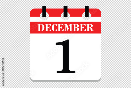 1 December Calendar icon vector, 1 dates of December month calendar icon, dates of December 1 icon calendar, vector calendar icon.