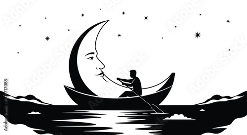 Man Rowing a Crescent Moon Boat on Water at Night.