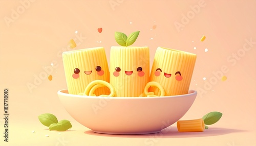 Cute Pasta Cartoon Characters in a Bowl with Basil Leaves Delicious Food Illustration