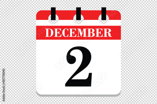 2 December Calendar icon vector, 2 dates of December month calendar icon, dates of December 2 icon calendar, vector calendar icon.