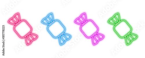 Neon glowing candy vector icons set, sweets, treats, sugar, dessert, confectionery, delicious, colorful, bright, playful design on transparent background.