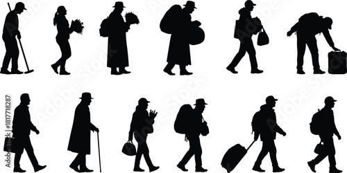 Black silhouette vector set of various pedestrians, travelers, and people walking in different poses, carrying bags, luggage, or accessories, perfect for 