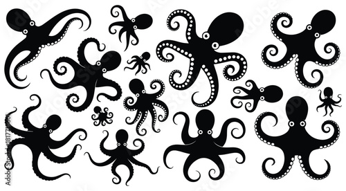 Octopus silhouettes set, Sea Creature Kraken, Octopus Clip Art, Hand drawn octopus Print, Sea Animals, Collection of silhouetted octopuses in various playful poses and sizes