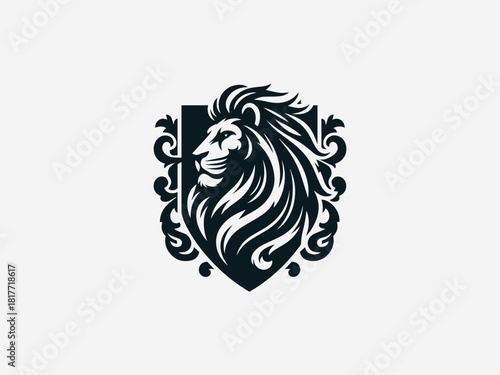 Royal crest lion black vector logo with detailed mane and heraldic shield for luxury brand identity