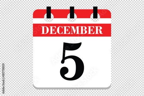 5 December Calendar icon vector, 5 dates of December month calendar icon, dates of December 5 icon calendar, vector calendar icon.