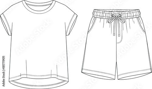 Women's Casual Outfit Set: Oversized T-Shirt and Drawstring Waist Shorts, CAD Drawing Flat Vector Illustration