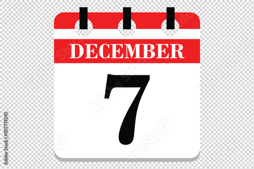 7 December Calendar icon vector, 7 dates of December month calendar icon, dates of December 7 icon calendar, vector calendar icon.