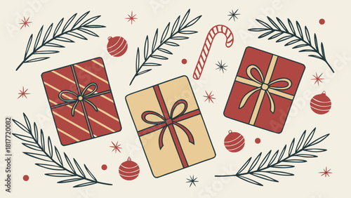 Christmas festive gift boxes and decor, holiday season illustration